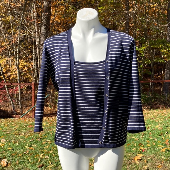 Lauren Ralph Lauren navy/white pinstripe cardigan with matching knit tank sz 10 - Picture 1 of 6